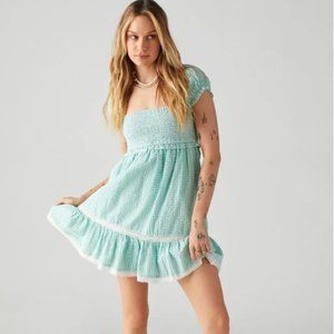 Urban Outfitters Marseille Gingham Smocked Mini Dress Mint Green NWT Size XS